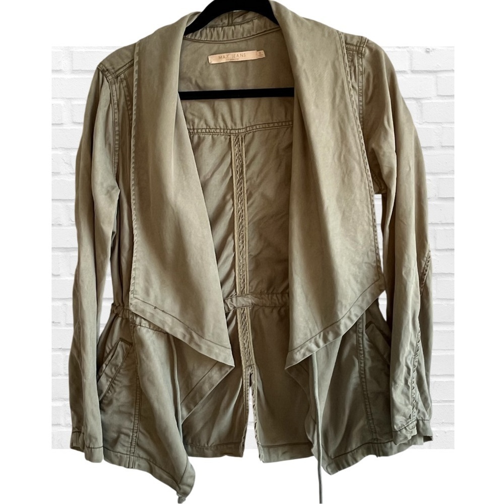 Max Jeans Short Trench Shawl Collar Asymmetrical Hem Cinch Waist Medium Green